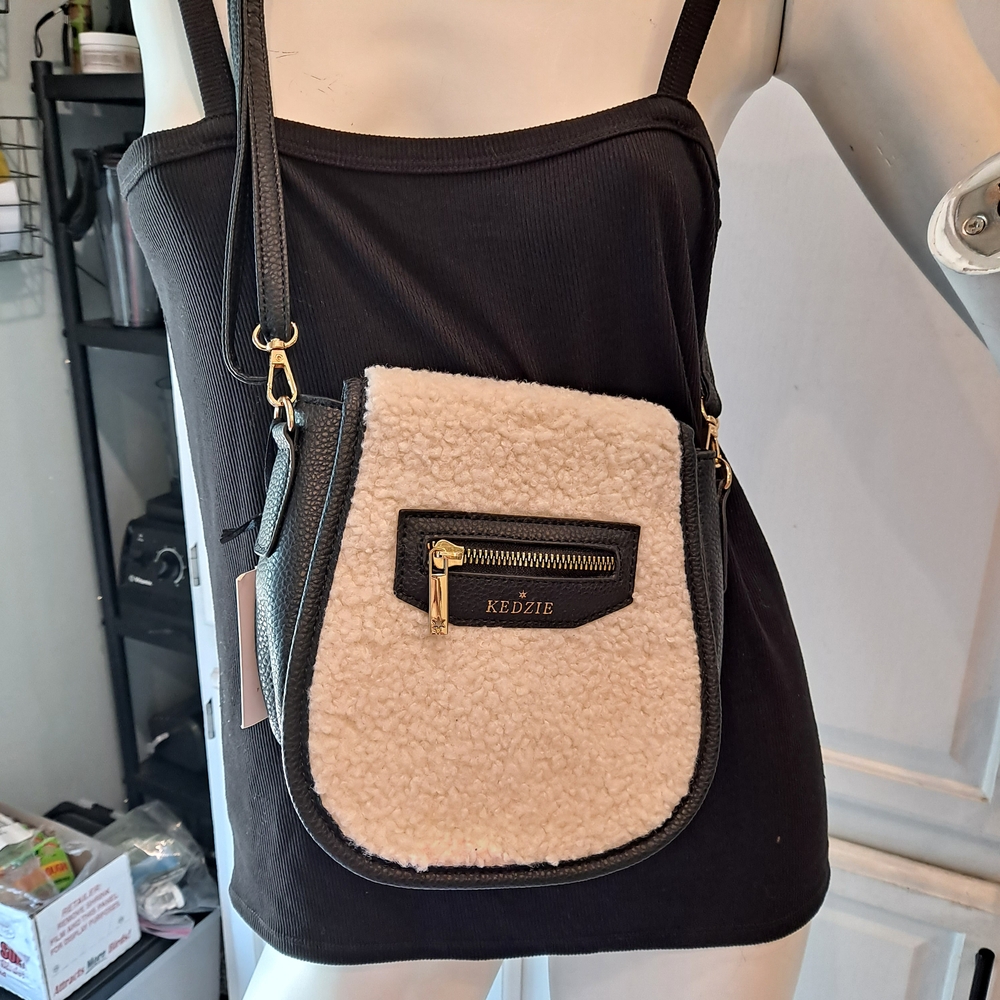 Kedzie Cream and Black Faux Sherpa Crossbody Bag